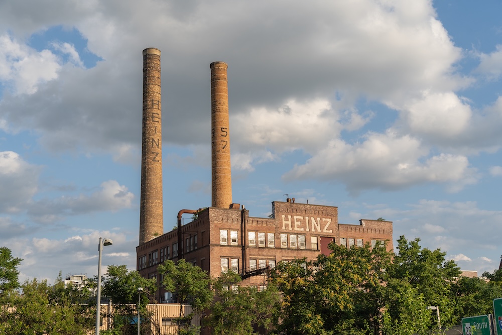 old Heinz factory in Pittsburgh with smoke stacks
